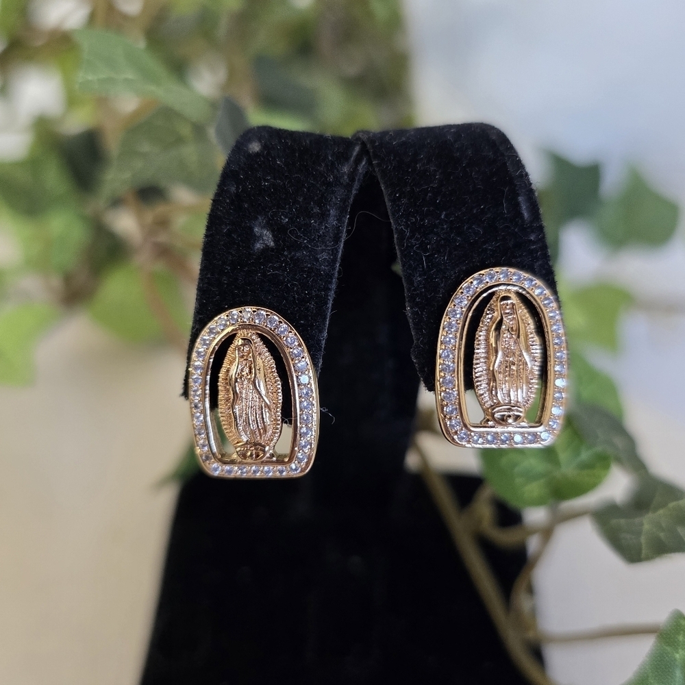 Yellow Gold Religious Icon Small Earrings Pave Crystals